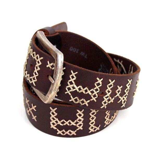 EMBROIDERED BROWN GENUINE LEATHER 1 3/8"Wd CASUAL DRESS MEN'S BELT Sz 38 (X33 - Picture 3 of 13